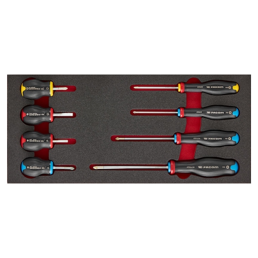 Facom MODM_AT3 screwdriver set, foam tray, assorted handle colors, top-down angle.
