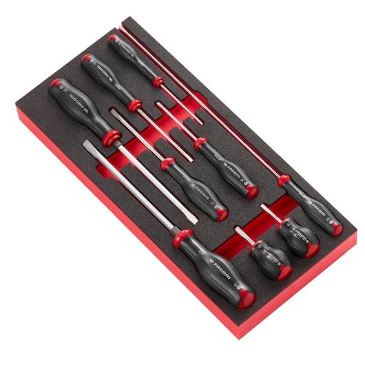 Facom MODM_AT4PB screwdriver set with black and red handles in foam tray, shown at an angle on white background.