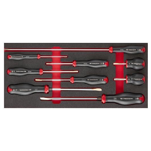 Facom MODM_AT4PB screwdriver set with black and red handles in foam tray, photography top-down angle.