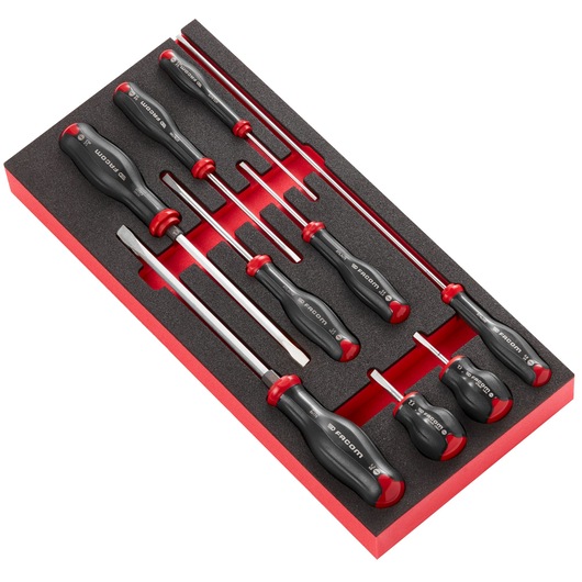 Facom MODM_AT4 screwdriver set in foam tray, black handles with red accents, angled view.