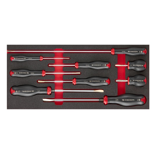 Facom MODM_AT4 screwdriver set with black and red handles in foam tray, top view.