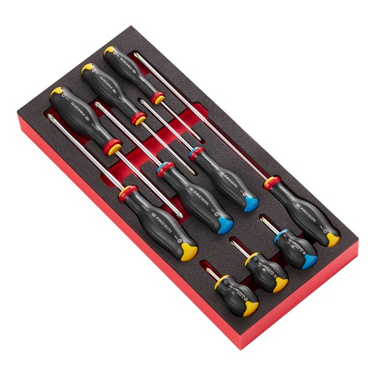 Facom MODM_AT5PB screwdriver set with black ergonomic handles, colored tips, and foam tray, top-angle view.