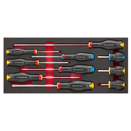Facom MODM_AT5PB screwdriver set in foam tray, assorted sizes, black handles with colored ends, top view.