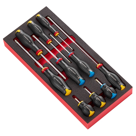Facom MODM_AT5 screwdriver set with black, red, yellow, and blue handles in foam tray, top angle.