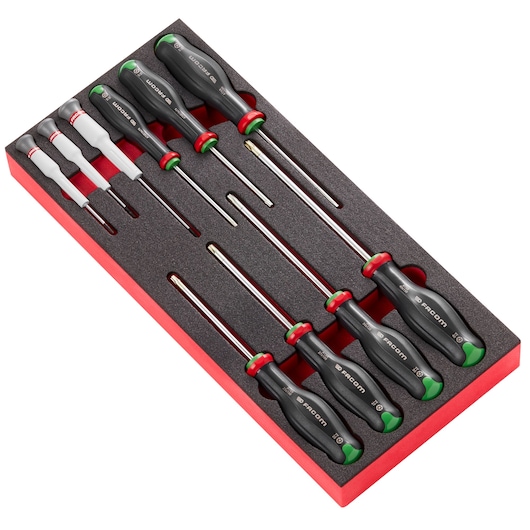 Facom MODM_AT6PB screwdriver set with six screwdrivers in a black foam tray, top angle on white background.