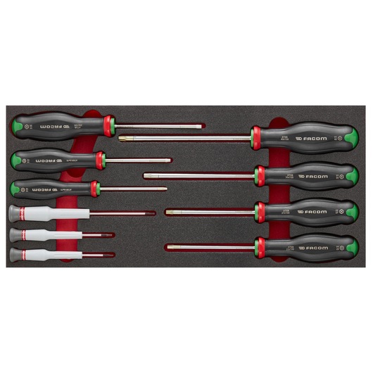 Facom MODM_AT6PB screwdriver set, 10 pieces with black, green, and red handles in foam tray, top-down view.