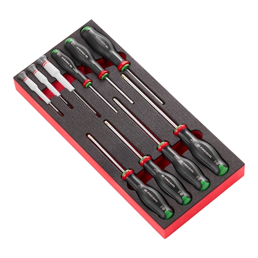 Facom MODM_AT6 screwdriver set in a red foam tray, photo of eight assorted screwdrivers, angled view.