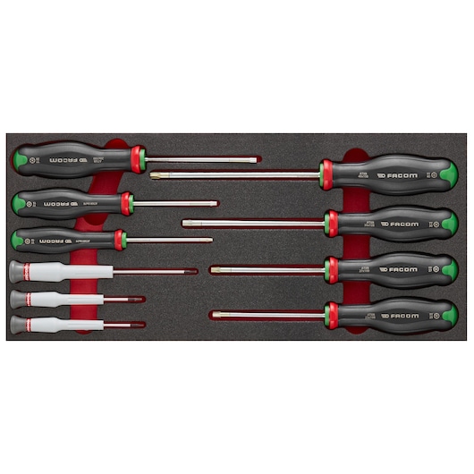 Facom MODM_AT6 screwdriver set tray, top view, black and red handles in foam organizer, photography