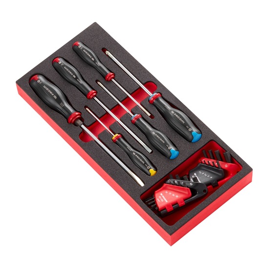 Facom MODM_AT7PB screwdriver and hex key set in foam tray, top angle showing black and red handles.