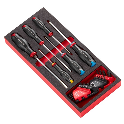 Facom MODM_AT7 screwdriver and hex key set in foam tray, photographed at an angle on white background.