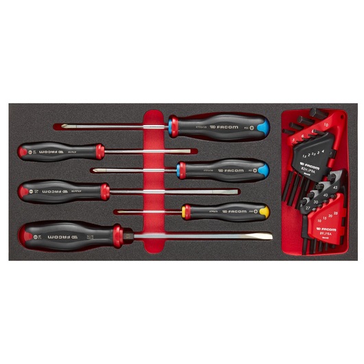 Facom MODM_AT7 screwdriver and hex key set top view, black and red handles, organized in foam tray.