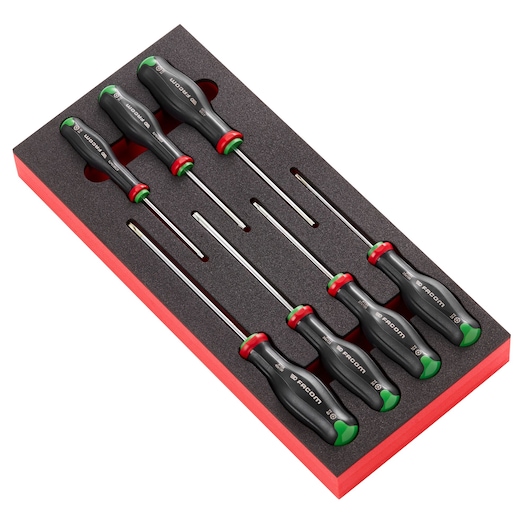 Facom MODM_ATXR screwdriver set with black handles in foam tray, top angle, photography.