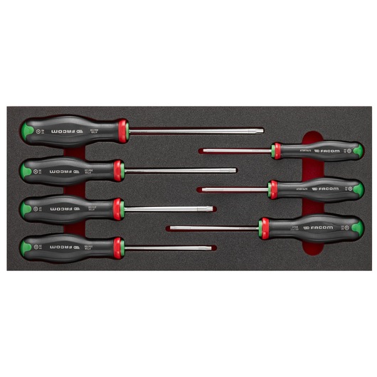 Facom MODM_ATXR screwdriver set with six black and green handle screwdrivers in foam tray, top view.