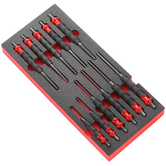 Facom MODM.CGPB set of black and red precision screwdrivers in foam tray, top angle on white background.