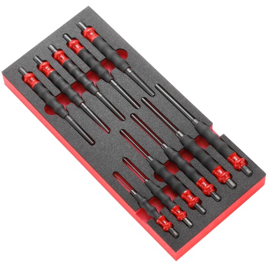 Facom MODMCG photography of hex key driver set with red and black handles in foam tray, angled view.