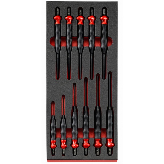 Facom MODMCG screwdriver set with red and black ergonomic handles, top-down view on foam tray.