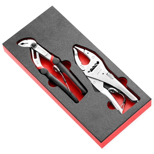 Facom MODM_CPE1SLS pliers and locking pliers set in black and red foam tray, angled view.