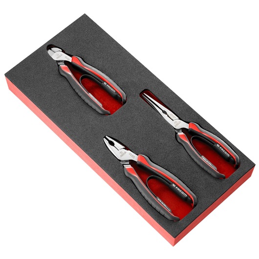 Facom MODM_CPEA0 three-piece pliers set with black and red handles in foam tray, angled view.