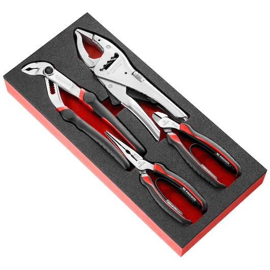 Facom MODM.CPEA1PB pliers set with black and red handles in foam tray, top angle on white background.