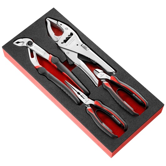 Facom MODM_CPEA1 pliers and cutters set in foam tray, black and red tools, photographed at an angle on white background.