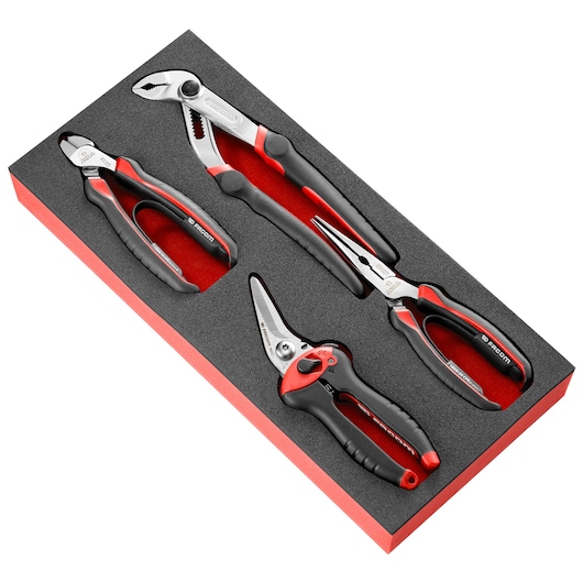 Facom MODM.CPEA2PB hand tool set with four pliers in black and red, foam tray, top view, white background.