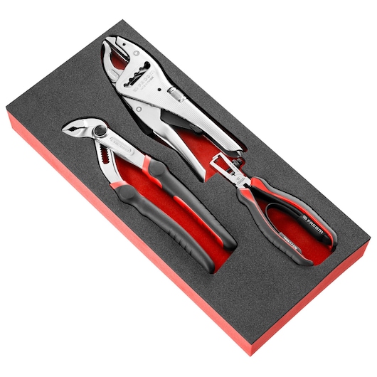 Facom MODMCPEA3 pliers set with three tools in black foam tray, angled view on white background.