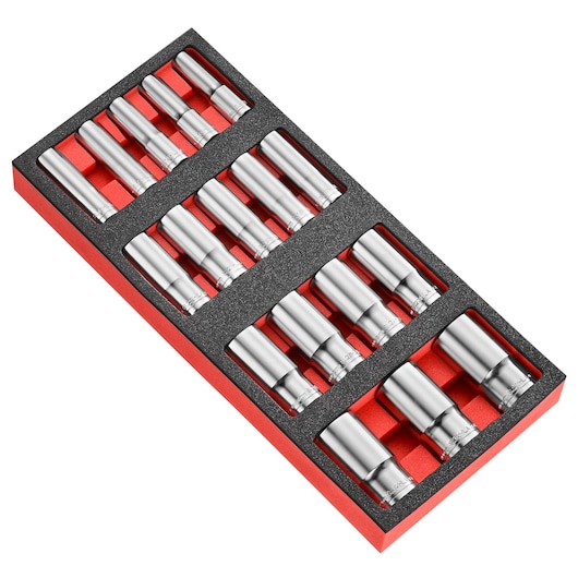 Facom MODM_HLA2PB socket set with twelve silver sockets in a black and red foam tray, angled top view.