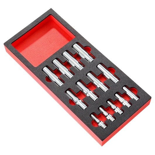 Facom MODM.HLAPB socket set with twelve chrome sockets in red and black foam tray, angled view.