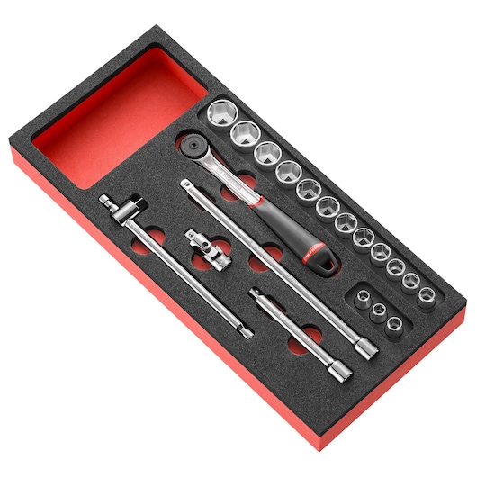 Facom MODM.J161-36PB socket wrench set with ratchet, extension bars, and sockets in foam tray, top angle.