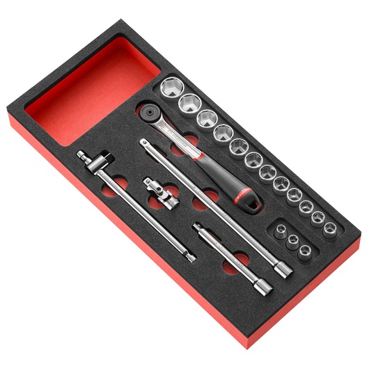 Facom MODM_J161-36 photography of socket wrench set with ratchet and accessories, top angle, black foam tray.
