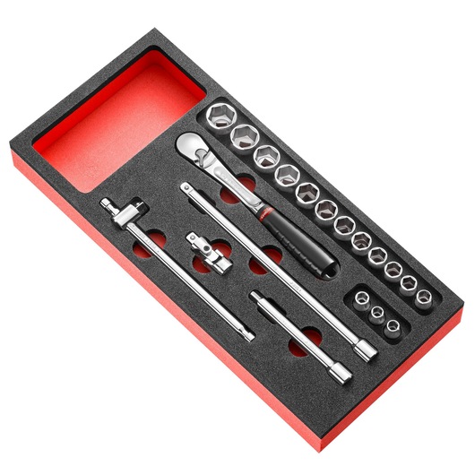Facom MODMJL161-36 socket wrench set with ratchet, extension bars, and sockets in black and red foam tray, top angle.