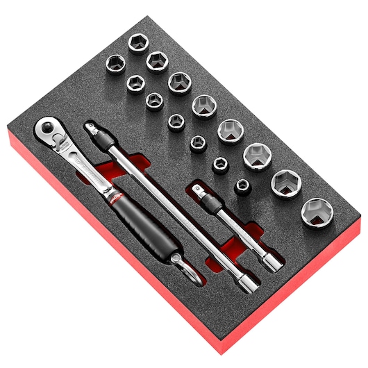 Facom MODM_JL1SLS socket set with ratchet handle, extensions, and sockets in foam tray, angled view.