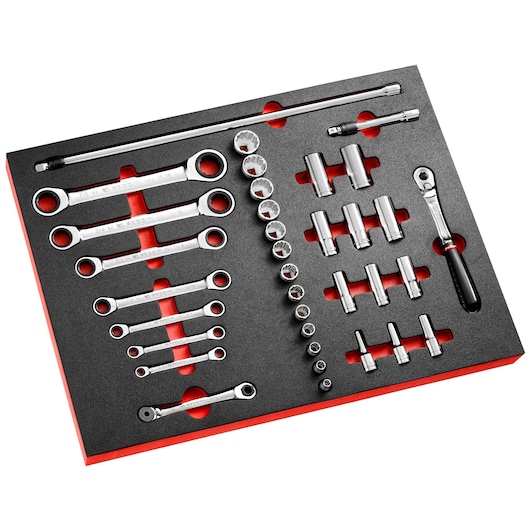Facom MODM_JL2U socket and wrench set tray, top angle, silver tools on black foam insert.