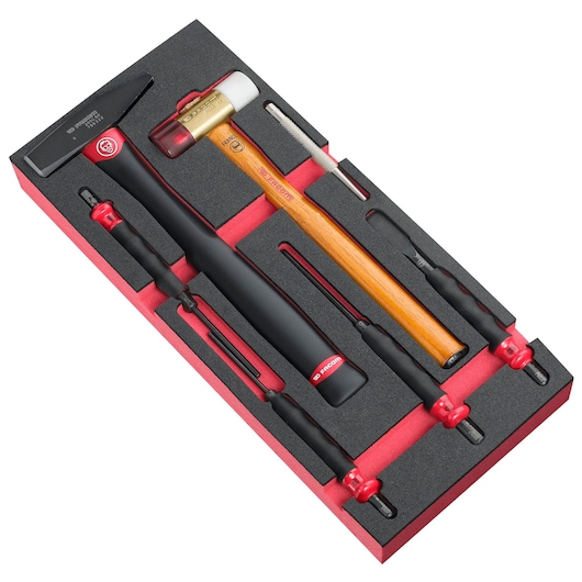 Facom MODM_MI5 hand tool set with hammer, mallet, file, chisels, and punches in foam tray, top angle.