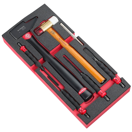 Facom MODMMI6 tool set tray with black and red foam, including a mallet, hammer, file, and screwdrivers, top angle.