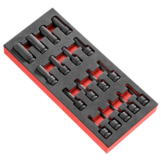 Facom MODM.NSXPB photography of black impact socket set in foam tray, angled view on white background.