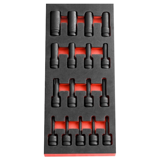 Facom MODM.NSXPB set of black impact sockets in foam tray, top view, photography on white background.