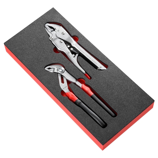 Facom MODM_PR12 plier set, two tools in black foam tray, top angle photo, red and black handles