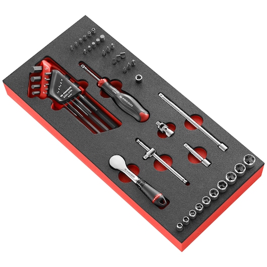 Facom MODM_R181-36 tool set with hex keys, screwdriver, ratchet and sockets, top angle, photography.
