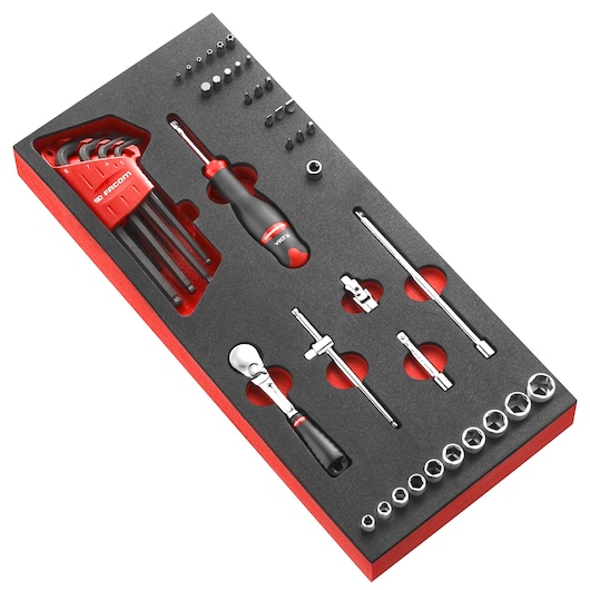 Facom MODM_RL161-36 tool tray set with ratchet, hex keys, screwdriver, sockets and accessories, top view on white.