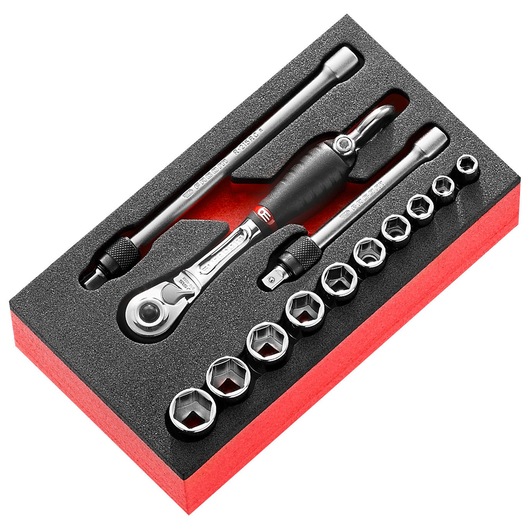 Facom MODM_RL1SLS ratchet and socket set in black foam tray, top view, with chrome sockets and extension bars.