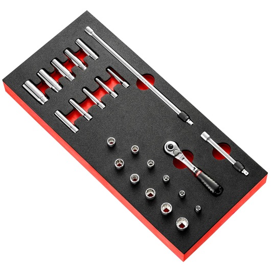 Facom MODM_RL1U socket and ratchet set in black foam tray, top view, with chrome tools and accessories.