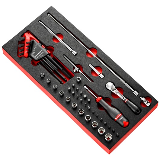 Facom MODM_RL2U socket and bit set with ratchet, screwdriver, hex keys and accessories in foam tray, top angle.