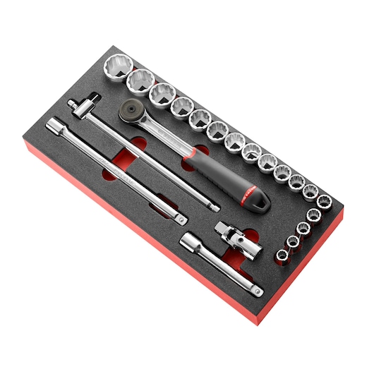 Facom MODM_S161-212U socket set with ratchet and extensions in foam tray, angled view, photography
