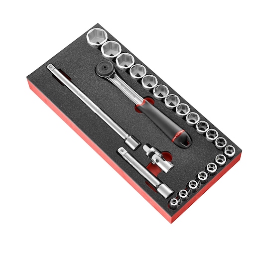 Facom MODM_S161-36 photography of socket wrench set in foam tray, top angle, black and red accents.
