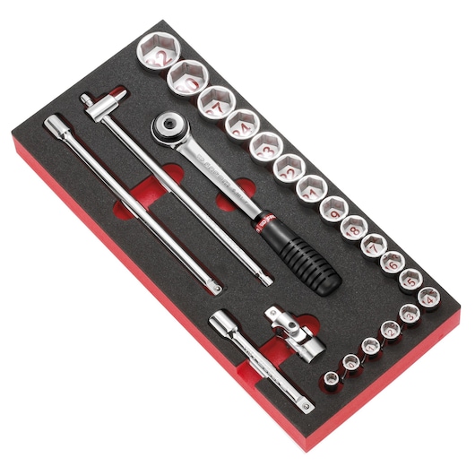 Facom MODM.S1APB socket wrench set with ratchet, extensions, and multiple sockets in foam tray, angled view.