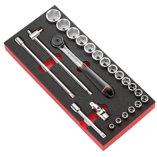 Facom MODM_S1A socket wrench set with ratchet, extension bars, and multiple sockets in foam tray, top angle.
