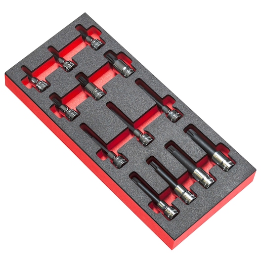 Facom MODM.SHPB set of long black and chrome bit sockets in red foam organizer, top angle.