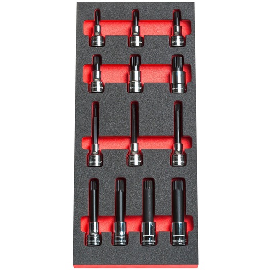 Facom MODM.SHPB set of twelve black spline bit sockets in foam tray, top view, on white background.