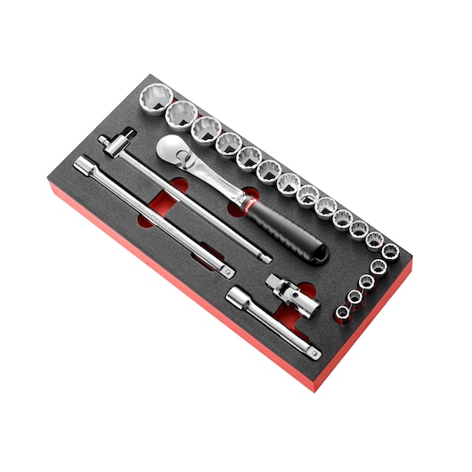 Facom MODM_SL161-212U socket set photography, angled view with foam tray and chrome tools.